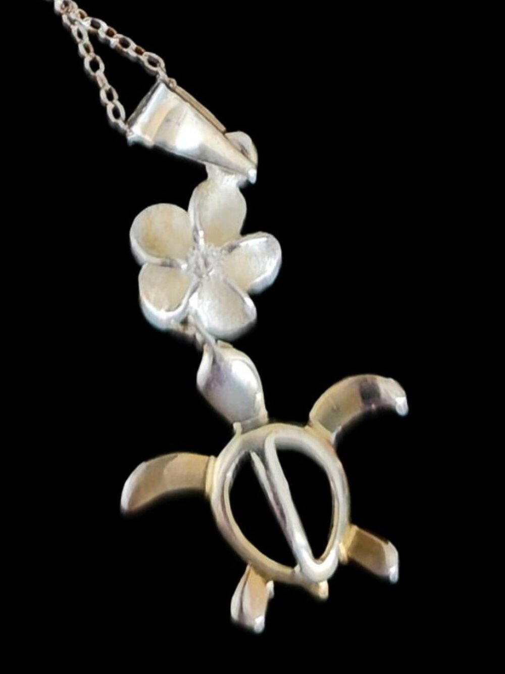Vintage 90s Sterling Silver Hawaiian Honu Turtle & Plumeria Necklace 16” 925 CH